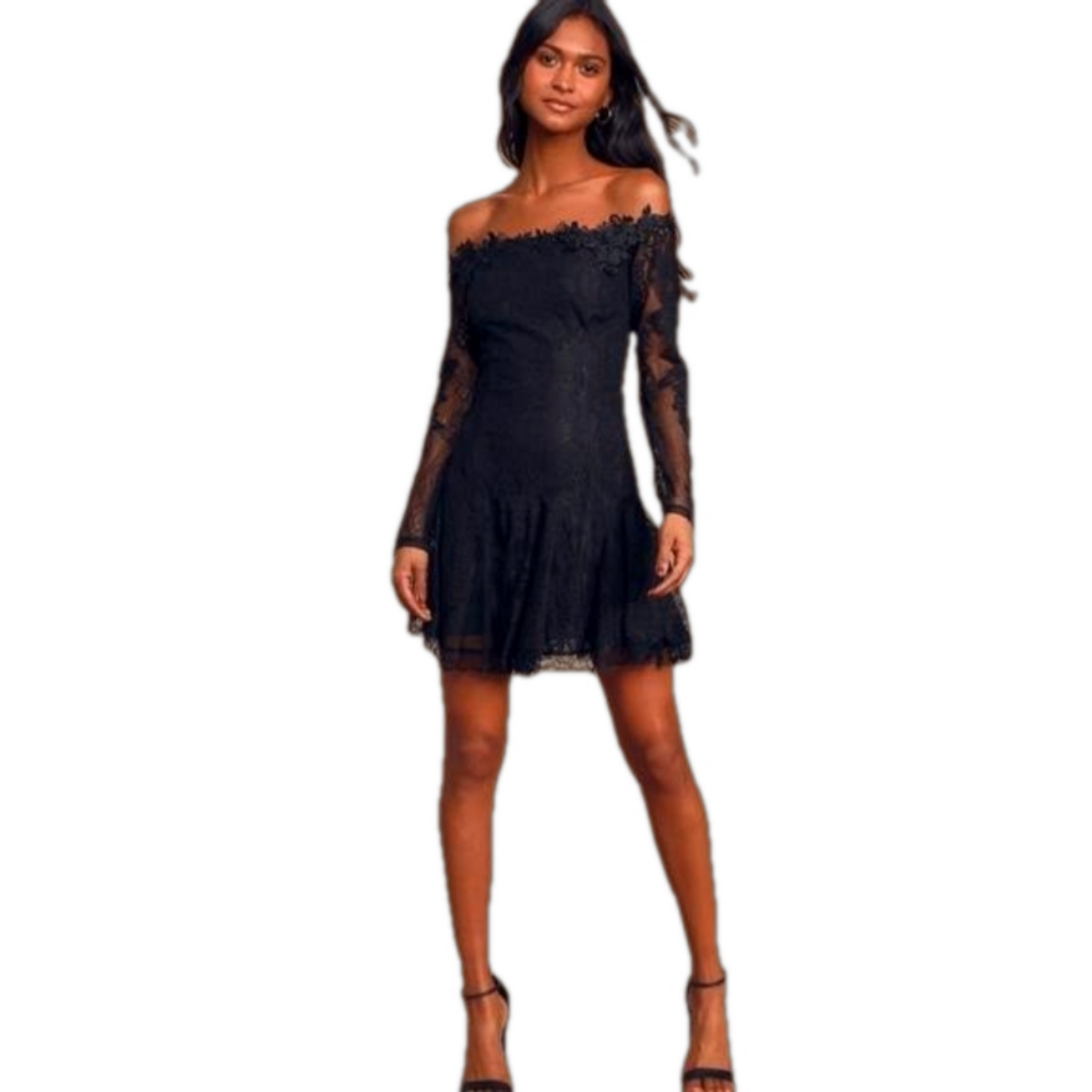 Lulu's Love And Lace Black Off the Shoulder Lace Mini Dress Size Small